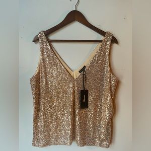 NWT Shinestar Sleeveless Sequin V-Neck Tank, Gold, L